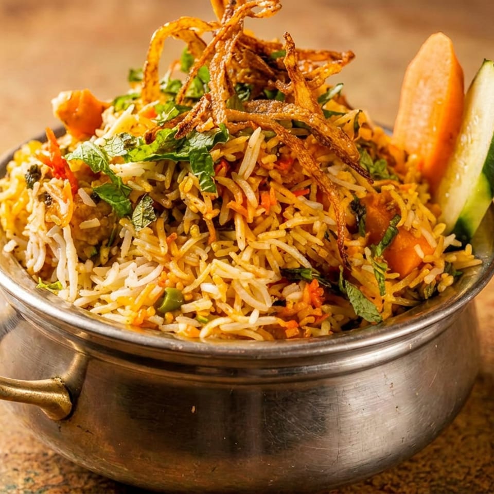 Flavorful biryani in a metal bowl, topped with fried onions, fresh mint, and cucumber slices.