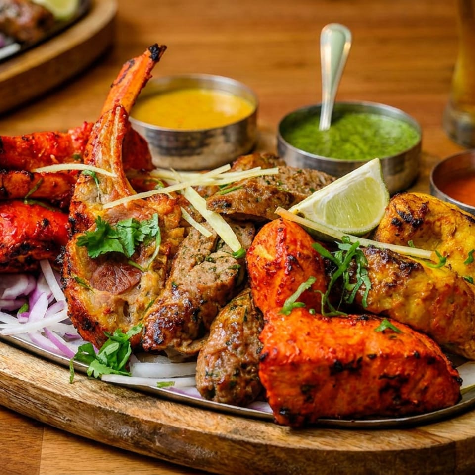 Platter of grilled tandoori chicken, lamb chops, and kebabs with sauces, lime, and onions on a wooden board.