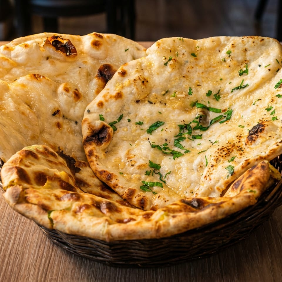 Freshly baked naan bread, some topped with herbs, served in a woven basket on a wooden table.