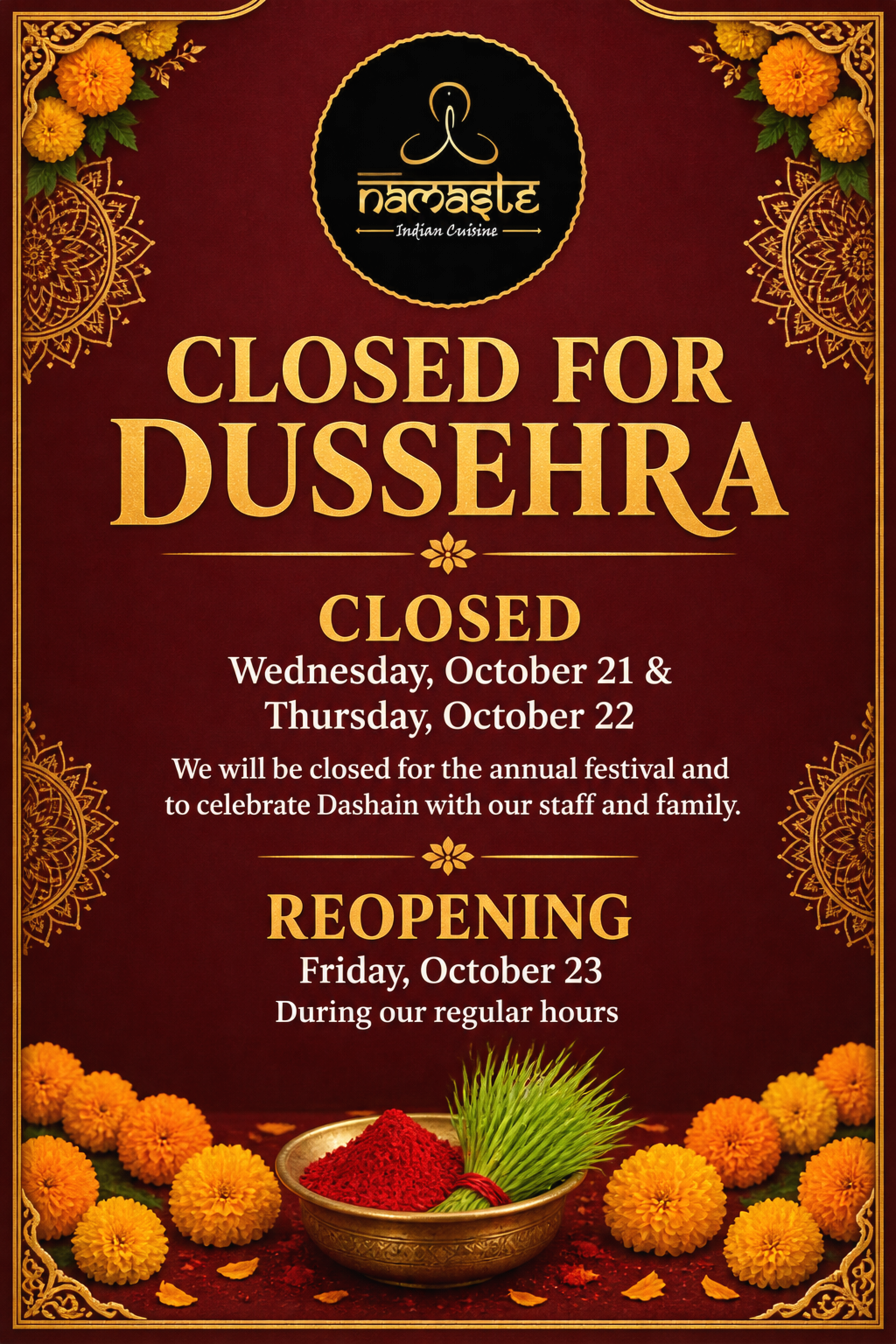 Closed on October 21st and 22nd