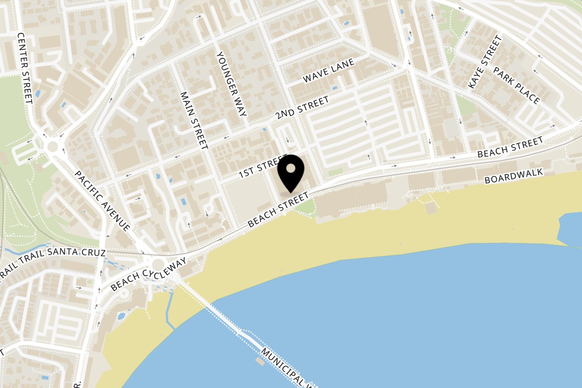 Map showing the location of Namaste Indian Cuisine Grill & Bar on 303 Beach St in Santa Cruz