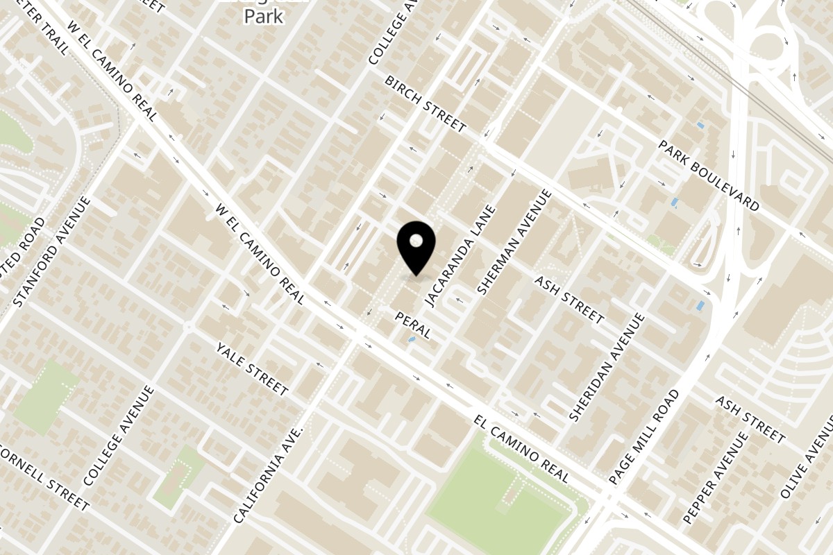 Map showing the location of Namaste Indian Cuisine Palo Alto on 447 California Ave in Palo Alto